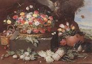 Jan Van Kessel Still life of various flwers in a basket,tulips in a copper pot hortensias,asparagi and artichokes laid out on the ground,together with an owl,butterf china oil painting reproduction